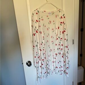 New Lularoe Large Caroline Cardigan Sweater White Cherry Print Red Cherries!